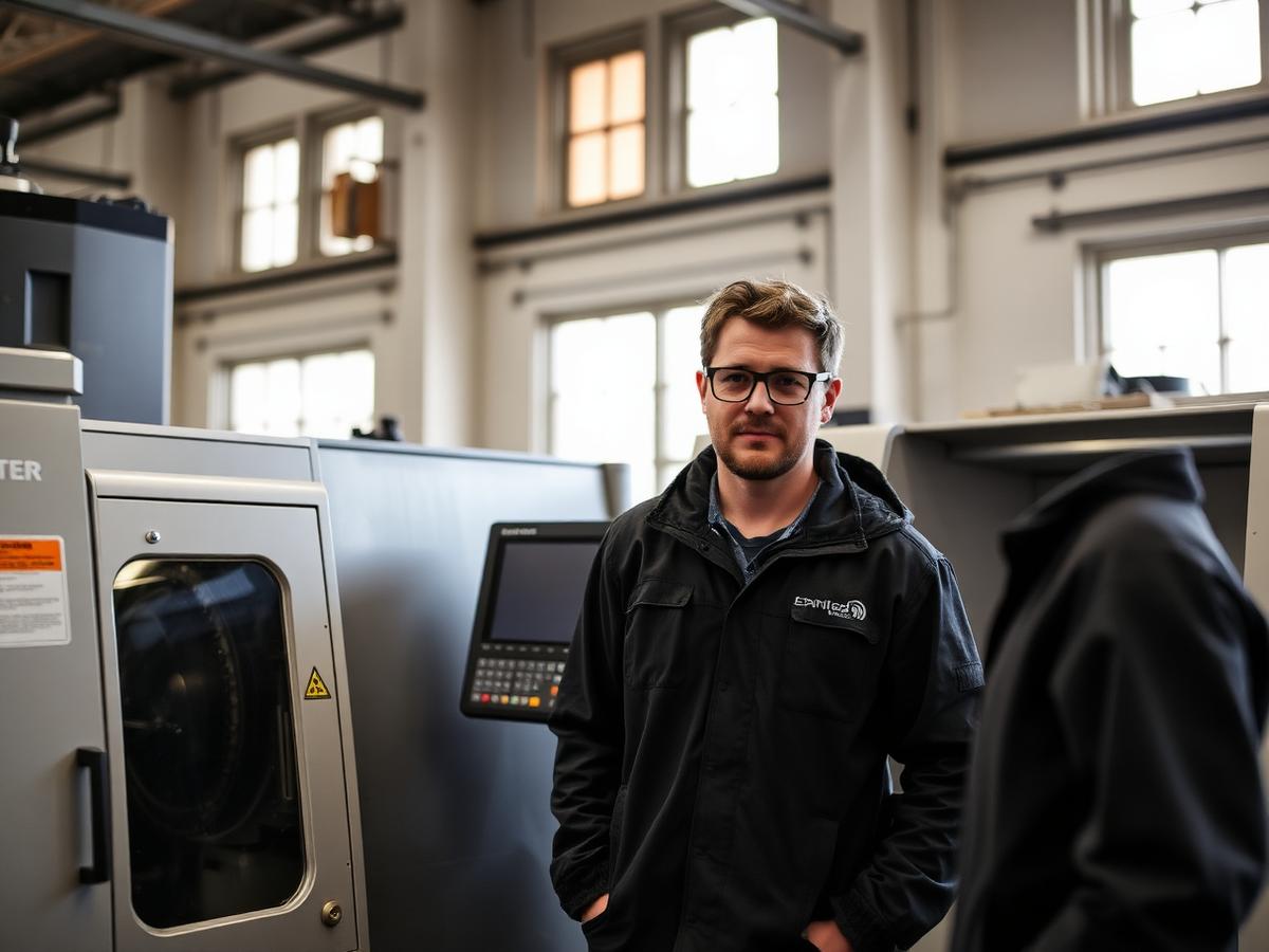 Engineers working beside machinery in a small manufacturing workshop