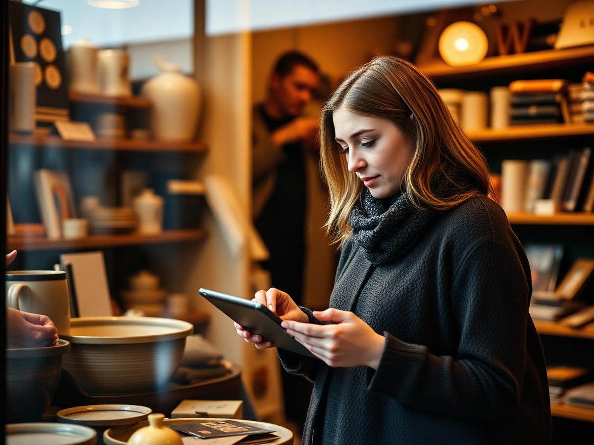 Owner of an independent shop checking stock levels on a tablet