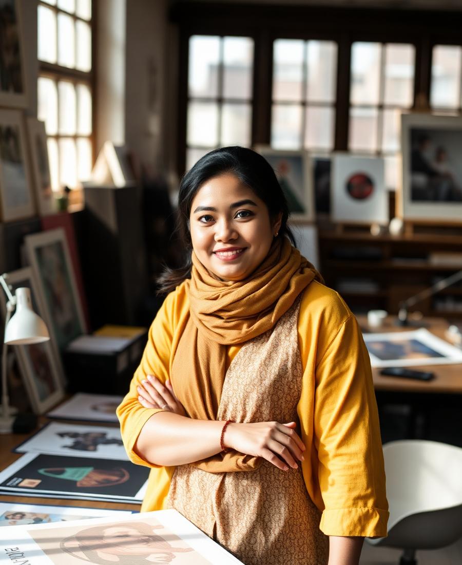 Founder of a small design studio beside a desk of prints